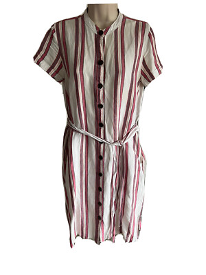 LOFT linen shift dress button down tie belt striped white pink blue pockets  2 | eBay