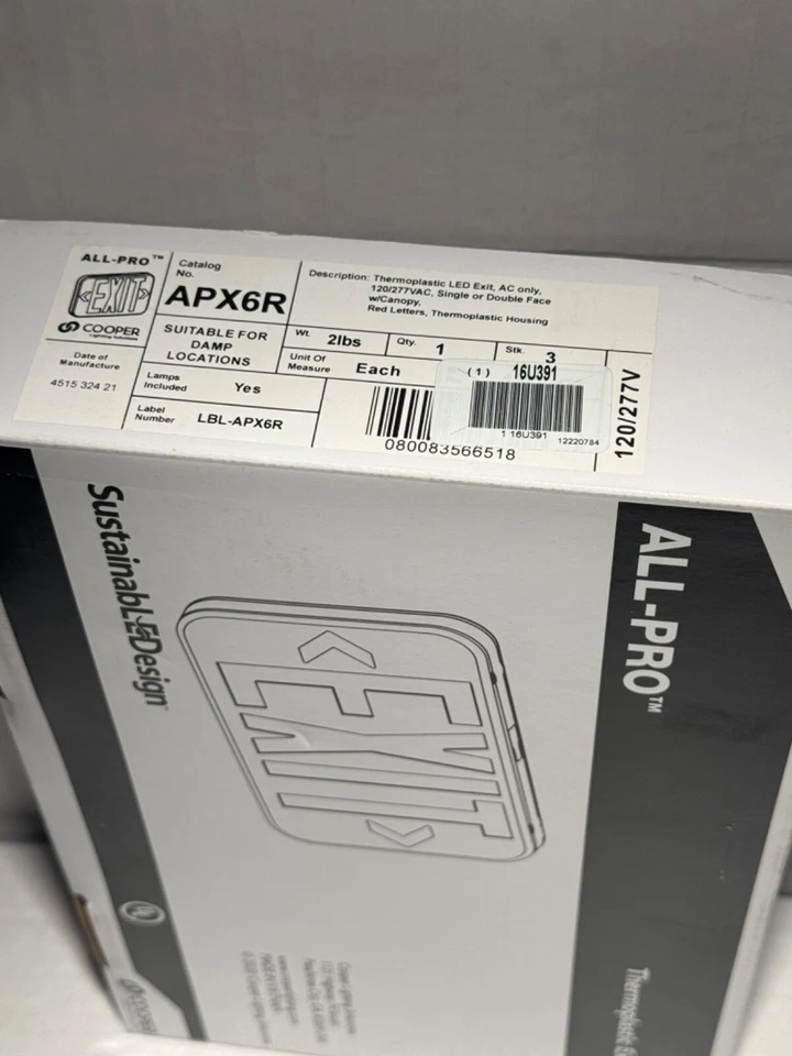 COOPER ALL-PRO THERMOPLASTIC LED EXIT SIGN LIGHT APX6R UNIVERSAL - Image 4 of 4