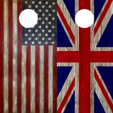 Cornhole Wraps British Flag American Flag Wood Grain Flag Combo Decal 2 pack