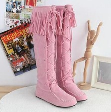 Womens warm pull on Tassel Faux Suede Lace Up Moccasin Knee High boots