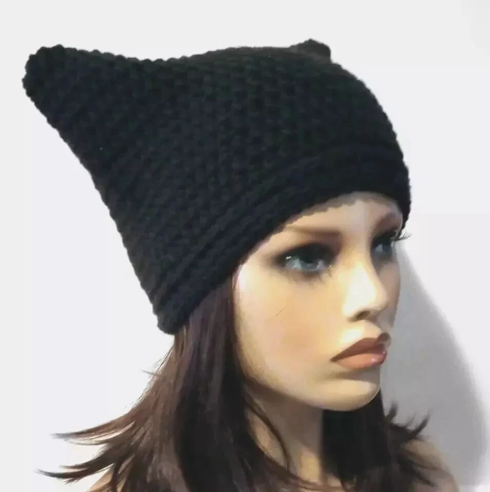 ganchillo hecho a mano mujer gatito sombrero orejas de gato gorro negro Foto 2 de 3