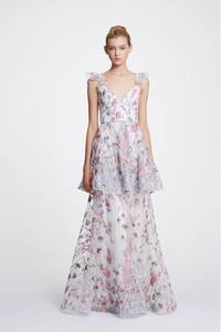 NWT-Marchesa-Notte-Ivory-Sleeveless-Floral-Embroidered-Tiered-Gown