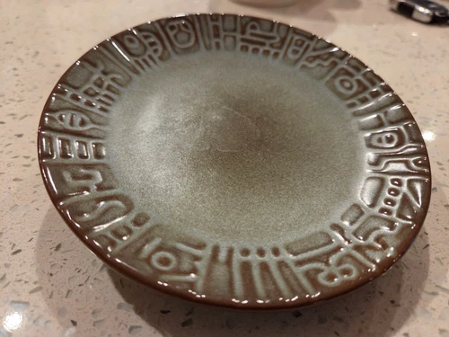 7 Vintage Frankoma  Pottery, #7e Myan-Aztec 5" Saucers, Prairie Green Glaze