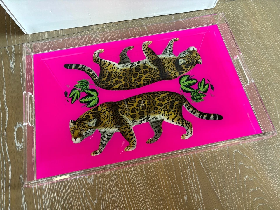 $325 NEW NICOLETTE MAYER COLLECTION Leopard Seeing Double Hot Pink Acrylic Tray - Image 4 of 4