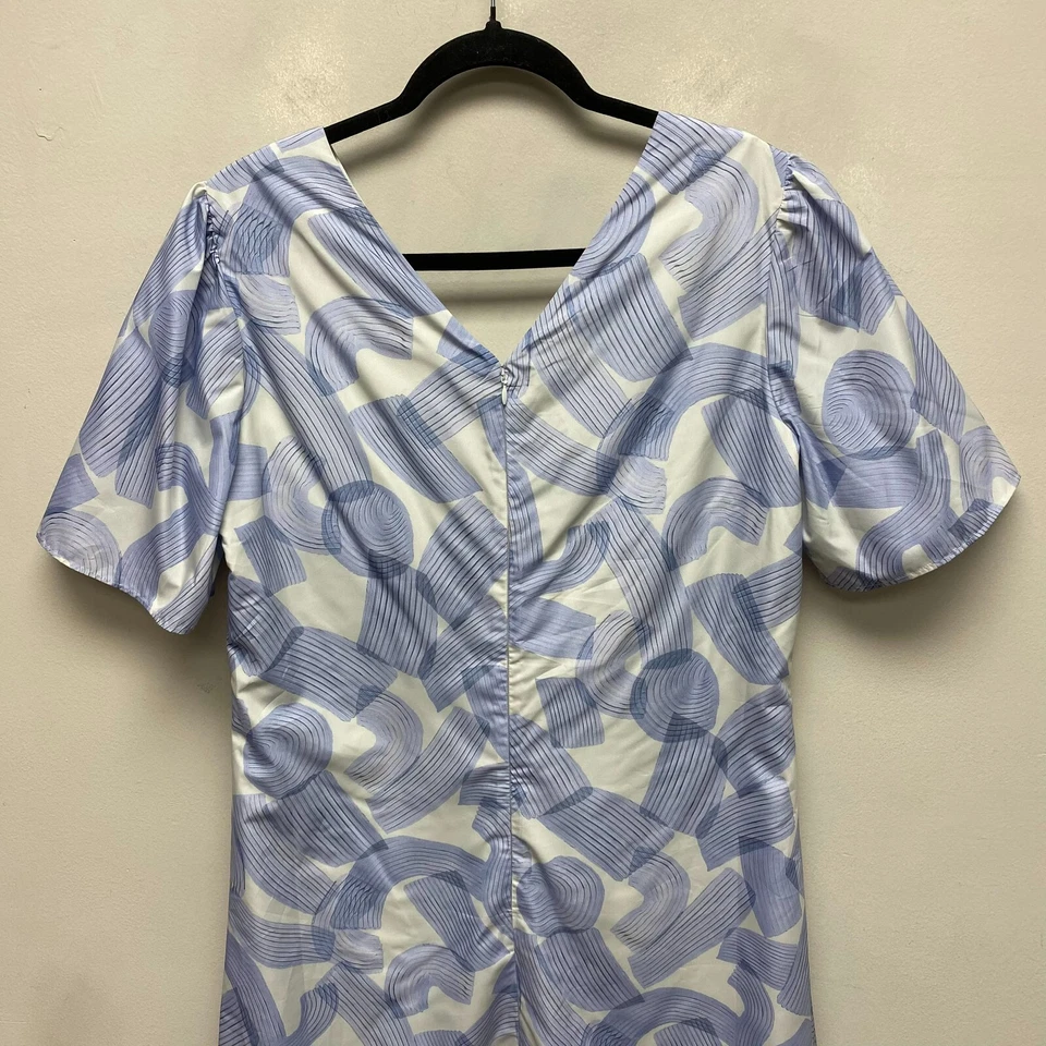 Club Monaco женщин синий печать коротким рукавом собранными в Рюш передней v-образным вырезом мини-платье 12 $229 - Изображение 4 из 4