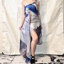 ASOS Abstract Print Drape Front Midi Flowing Dress Blue Silver Women’s Size 4