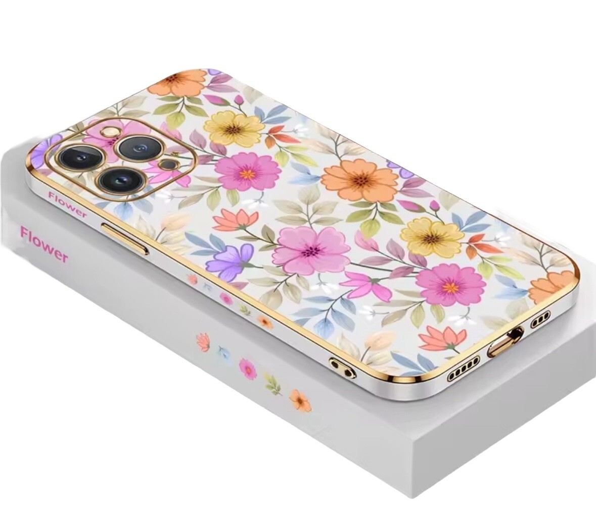 Luxury Wildflower Floral Gold White Case for iPhone 7 8 XR 11 12 14 15 Plus Pro
