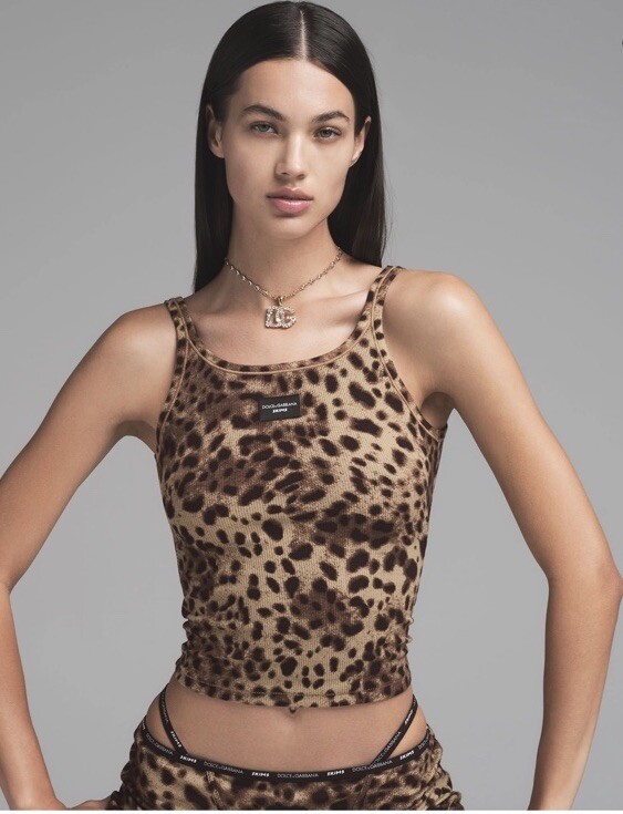 DOLCE & GABBANA X SKIMS COTTON RIB SCOOP TANK TOP Leopard Print SZ