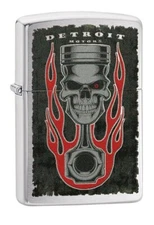 ZIPPO "DETROIT PISTON SKULL FLAME" BRUSHED CHROME COLOR LIGHTER ** NEW **