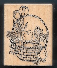SPRING BASKET CHICK EGGS TULIPS Hero Arts 1985 Vintage Wood Mount Rubber Stamp