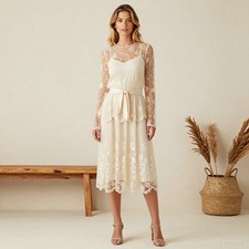 Evening Vintage Maxi Dress Ivory Floral Lace Shift Long Sleeve Zip Lined XS