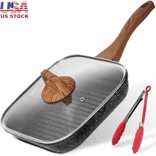 Nonstick Grill Pan W/ Lid Induction Compatible Cooking Skillet Steak Bacon New
