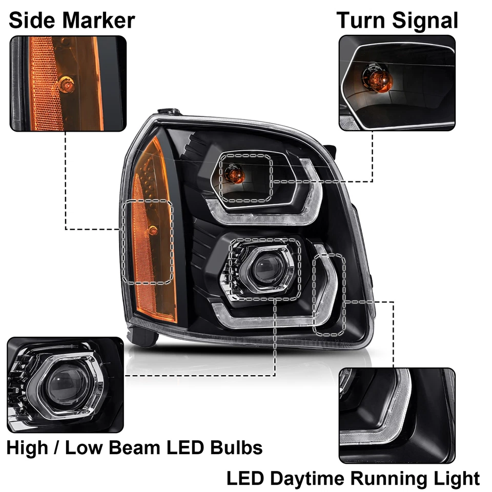 Black Sequential LED Projector Headlights For 2007-2014 GMC Yukon XL 1500 LH RH - Image 4 of 4