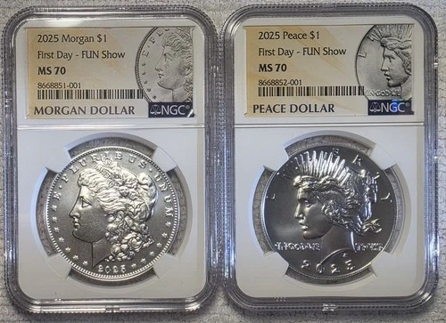 2025 Morgan Peace Silver Dollar Set NGC MS70 First Day of Issue Fun Show Orlando