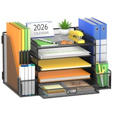 Mesh Desk Organizer with File Holder, 5-Tier Paper Letter Tray Organizer with Ma