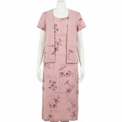 Sweet Jessie Petite XS 2 Piece Set Dress Vest Pink Floral Script Linen Coastal