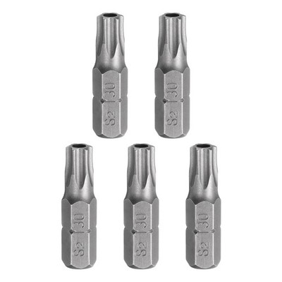 5pcs T30 Torx Screwdriver Bit with 1/4'' Hex Shank 25mm Length S2 Steel Grey