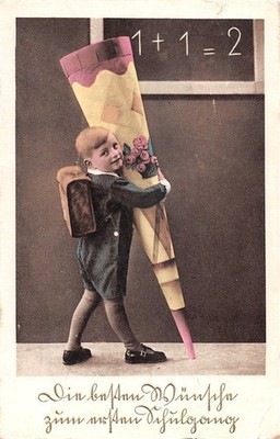405951) Nice postcard for the first day of school ''Boy with school bag'' expired 1936
