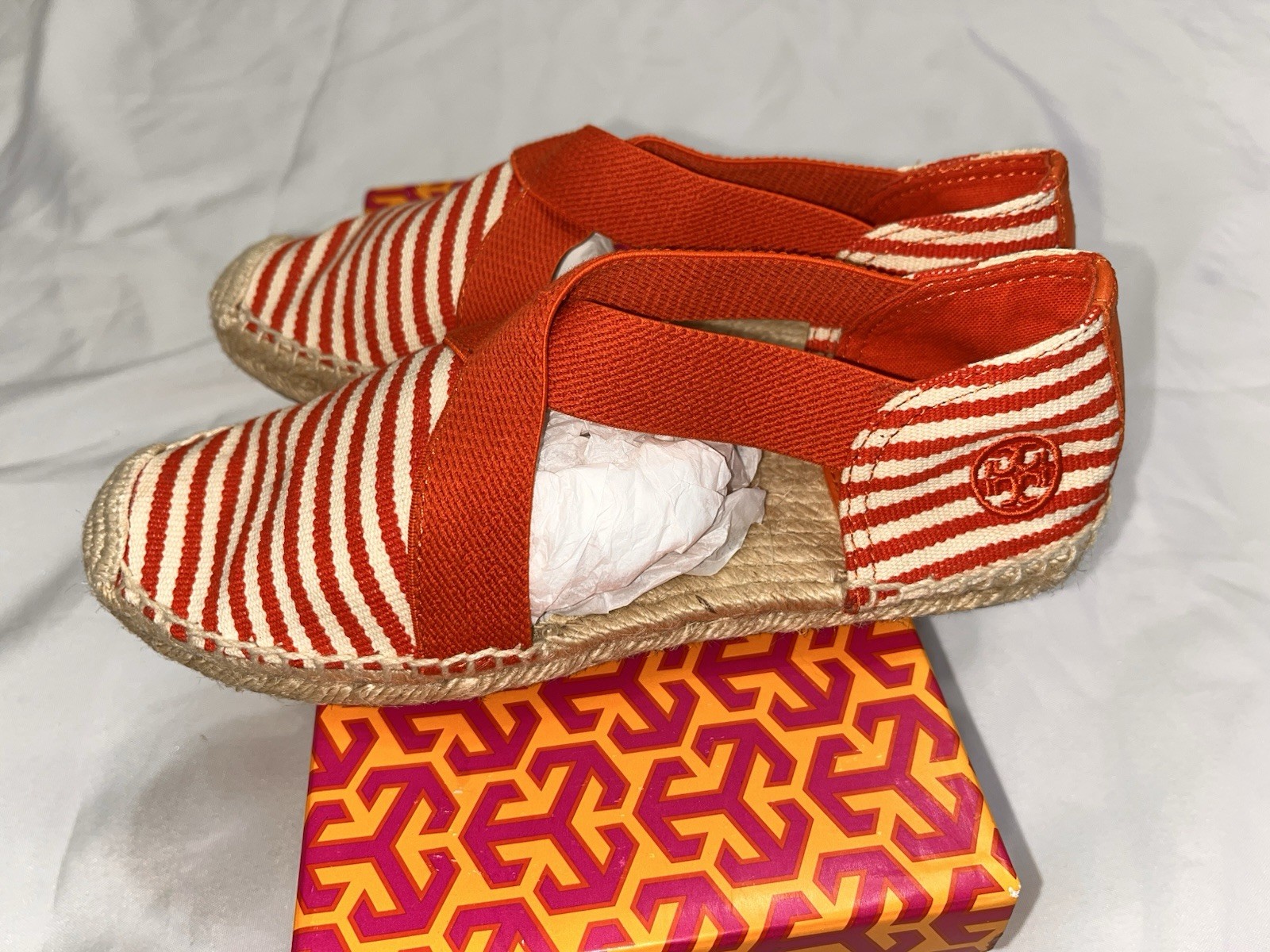 NIB Tory Burch Catalina Espadrille stripe Flame red Orange sandals shoes. 7 thumbnail 7