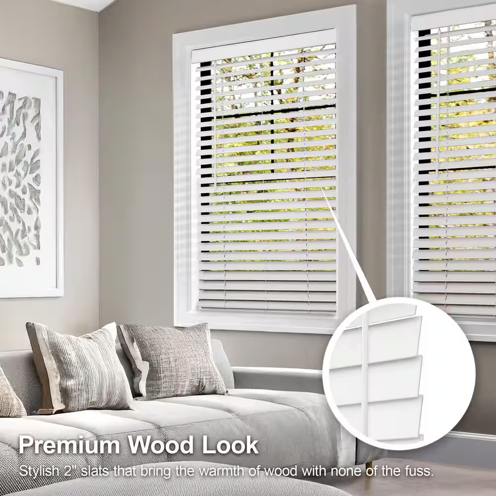 White Cordless Room Darkening Faux Wood Window Blinds with 2 In. Slats, 34 In. W