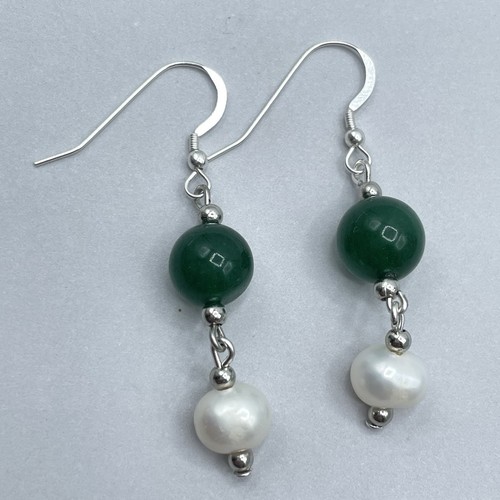 Artisan 925 Sterling Silver Genuine Green Emerald Pearl Dangle Earrings Hook - Picture 5 of 7