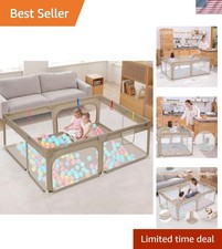 Khaki Baby Playpen, 71"x47" - Safe Play Area with Safety Mesh  Pull-Up Rings