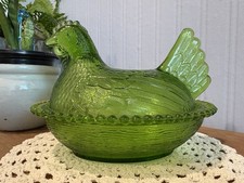 Indiana Lime Emerald Hen On Nest HON Glass Chicken Dish Vintage