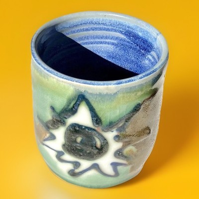 Italian Studio Pottery Planter 5'' Abstract Starburst Art Glaze Green Blue Retro