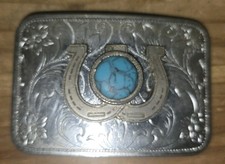 VTG Western Belt Buckle Silver Tone w/Lucky Dual Horseshoe Faux Turquoise Stone