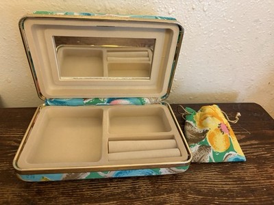 MUNDI Vintage Travel Jewelry Box Green Blue Floral With Pouch 7x4x1.5  Organizer