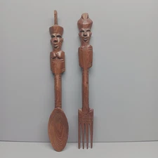 VTG Hand Carved Tiki Wooden Salad Server Fork and Spoon African Wood Tribal Art