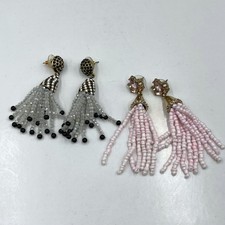 Lot Of 2 Vintage Boho Black White Beaded Tassel Earrings Rhinestone Drop Dangle