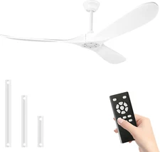 Solid Wood Ceiling Fans No Light,60'' White Ceiling Fan with Remote Control,Dc M