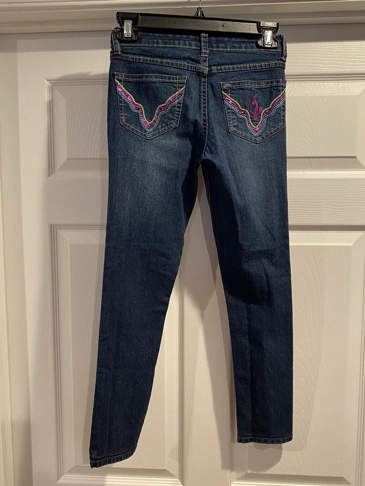 Baby Phat Girls Blue Jeans Size 10 Cat Logo Pocket Medium Wash Embroidered - Image 2 of 3