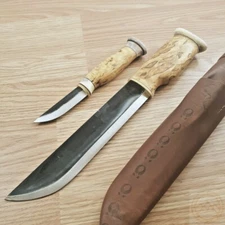 Wood Jewel Big Double Set Knife Carbon Steel Blade Curly Birch Handle w/Sheath
