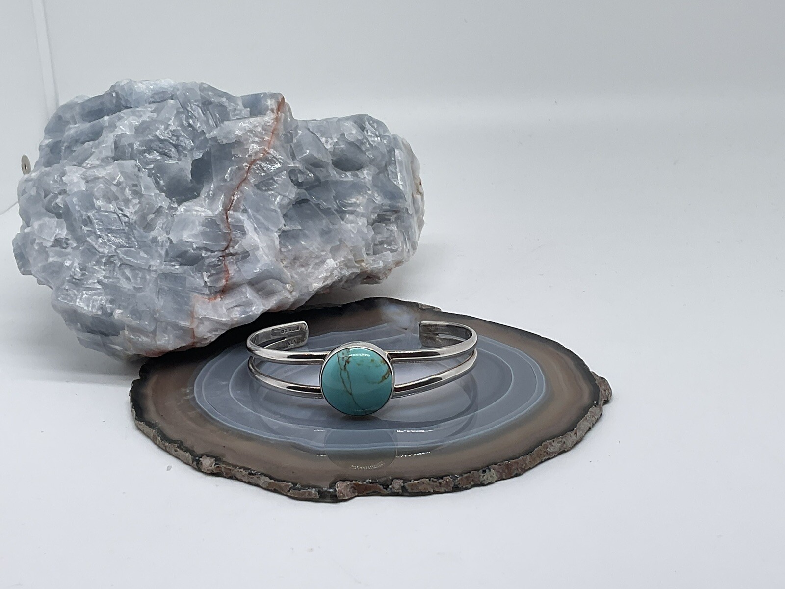 Faux Turquoise Round Bezel Split Side Cuff Bangle… - image 3