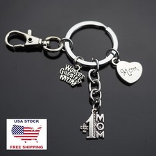Worlds Greatest Mom - 1 Mom - Heart Charms Pendants Mother's Day Keychain Clip