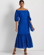 Ralph Lauren Womens Eyelet Cotton Off-the-Shoulder Blue Dress Size 8    12416