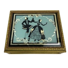 Vintage Victorian Couple Dancing Mirror Jewelry Box Silhouette Gold Trim Decor