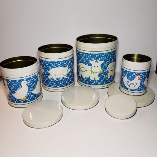 Vintage Set of 4 Retro Style Tin Kitchen Canisters Blue Multicolor Nesting MCM - Foto 1 di 6