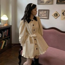  Beige Shirt Dress Women Vintage Preppy Ruffles One Piece Lantern Sleeve Mini 
