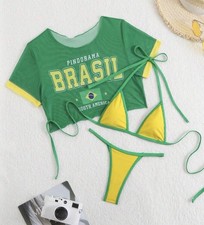 Brazil Flag Green Yellow Women's 3 Piece Bikini Set Thong Triangle Halter