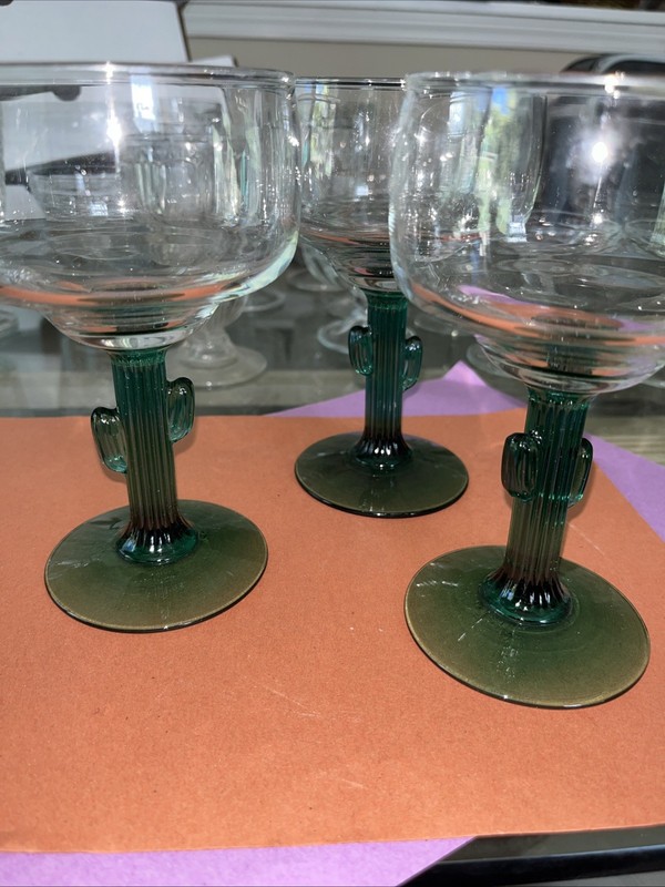 Libbey 6" Margarita Glasses - Lot Of 3 - Barware Green Ribbed Cactus Stem
