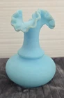 Vintage FENTON Blue Satin Vase Ruffled Crimped Edge 6” Vase