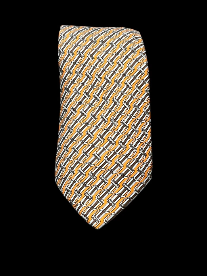 Gravata Hermes gravata de seda 5436 FA fita estribo listrada laranja equestre 3,5 - Imagem 3 de 4