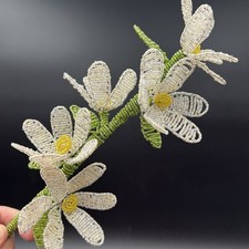 Vintage French Beaded Glass Flower White  Yellow Handmade Wire Stem 20  