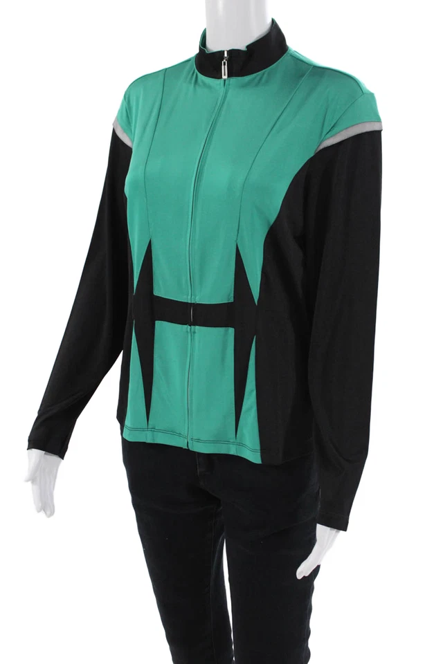 Chaqueta ligera Jamie Sadock para mujer con cremallera frontal cuello falso negra verde mediana Foto 2 de 4