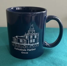 M Ware Ashtabula Harbor Ohio Navy Blue Ceramic Coffee Mug 