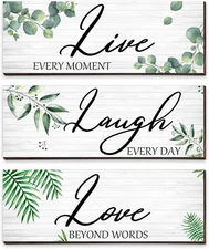 3 Pieces Live Laugh Love Wooden Sign Eucalyptus Leaves green, white, brown 