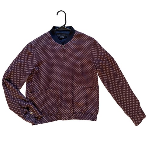 Theory Womens Silk Bomber Jacket Burgundy Geometric Print Size P XS Zip Up